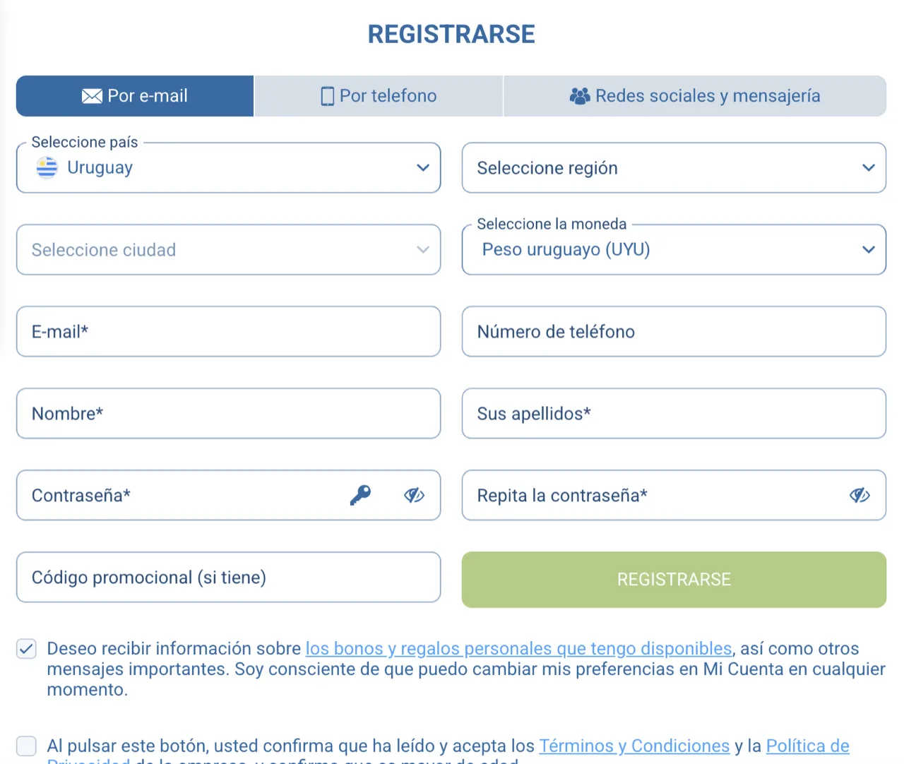 El formulario de registro de 1xBet con Uruguay y el peso uruguayo seleccionados