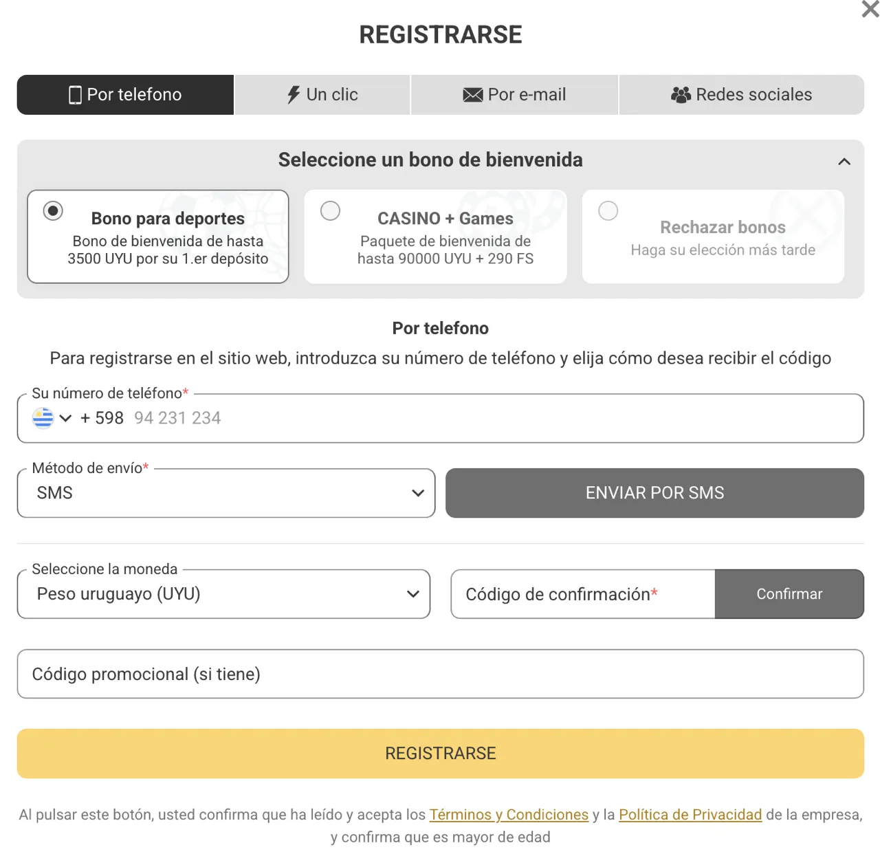 El formulario de registro de Melbet con Uruguay y el peso uruguayo seleccionados
